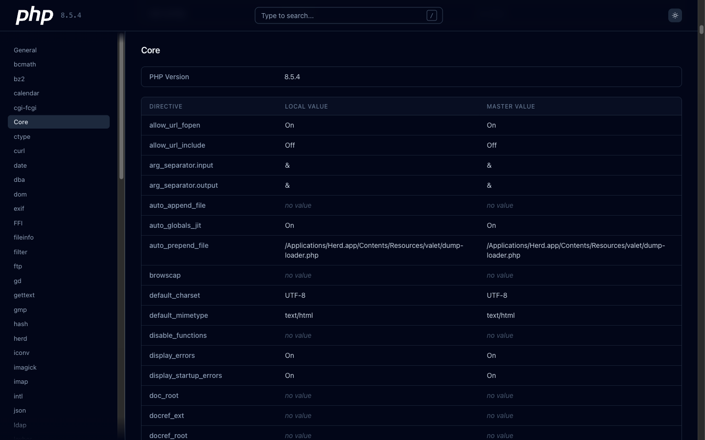 Pretty PHP Info dark mode interface