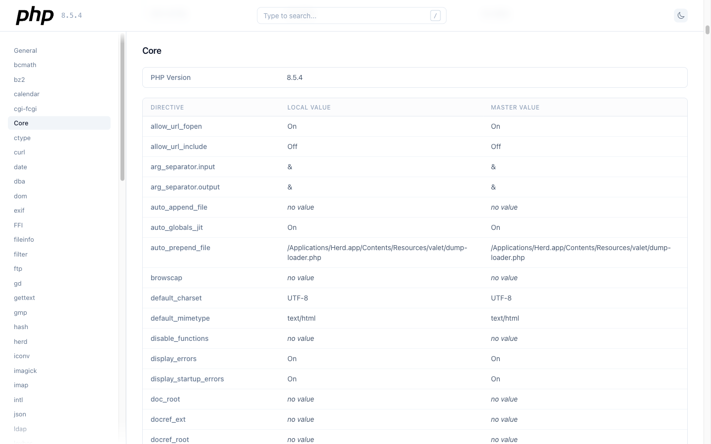 Pretty PHP Info light mode interface